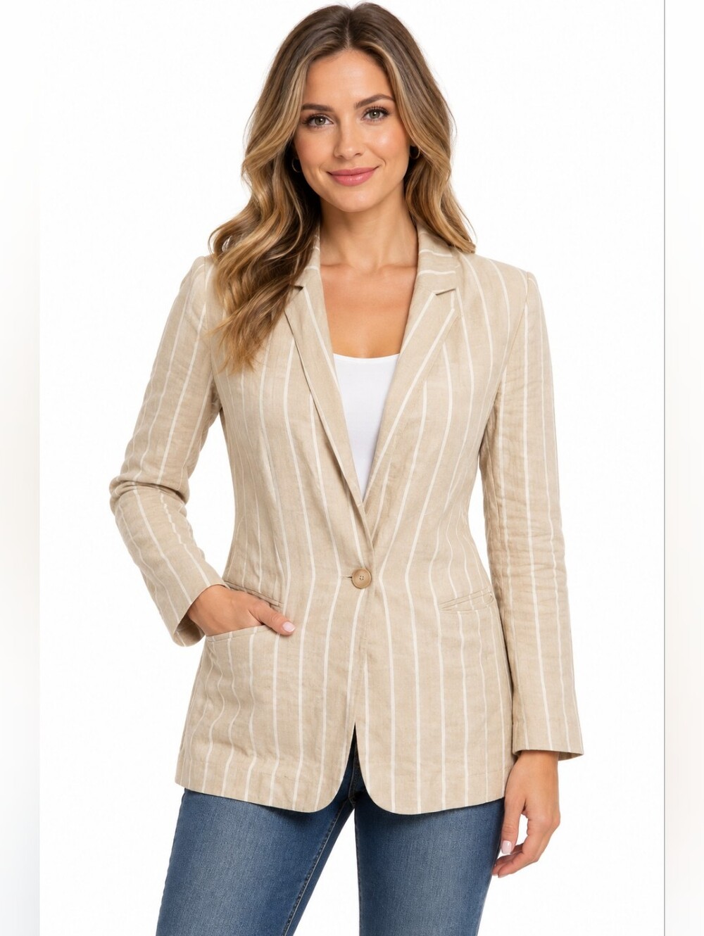 Gap Women's Linen Blazer Tan Striped Blazer Suze 0 Pockets Office Business Wear